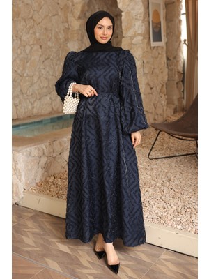 İmaj Butik Lacivert Balon Kol Kuşaklı Elbise