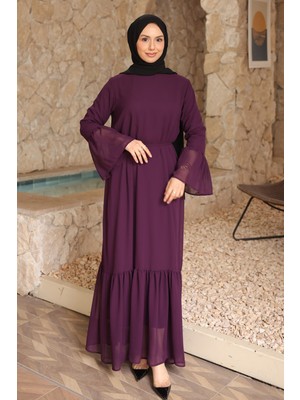 İmaj Butik Mor Bel Bağlamalı Eteği Katlı Şifon Elbise