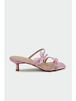Laminta Kadınlar İçin Şeker Pembe Kelebekli Topuklu Terlik Orta Topuk ile Şık ve Rahat