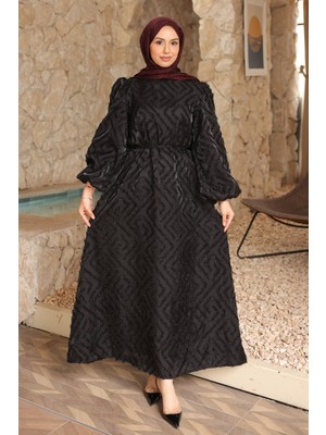 İmaj Butik Siyah Balon Kol Kuşaklı Elbise