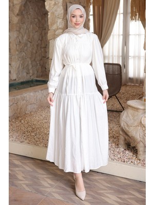 İmaj Butik Beyaz Eteği Katli Düğmeli Elbise