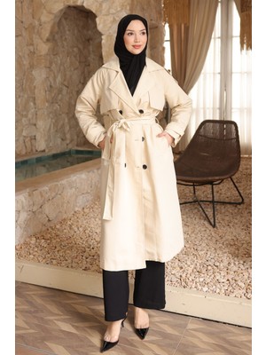 İmaj Butik Krem Kruvaze Yaka Astarlı Trençkot