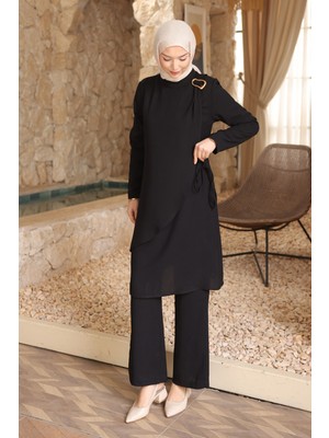 İmaj Butik Siyah Bel Bağlamalı Tunik Pantolonlu Takım