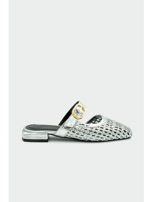 Laminta Duca Örgü Detaylı Tokalı Silver Kadın Terlik