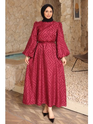 İmaj Butik Bordo Balon Kol Kuşaklı Elbise