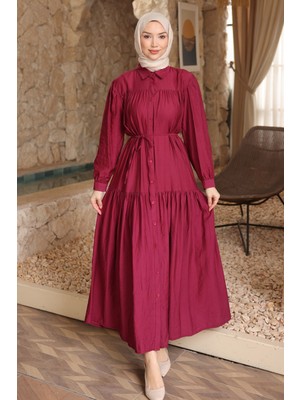 İmaj Butik Mürdüm Eteği Katli Düğmeli Elbise