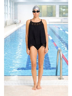 Lapieno Özel Tasarım Tül Detaylı Göğüs Bölgesi Toparlayıcı Etkili Göbek Ve Karın Gizleyen Tankini KK03