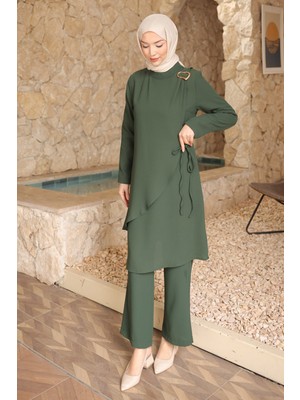 İmaj Butik Yeşil Bel Bağlamalı Tunik Pantolonlu Takım