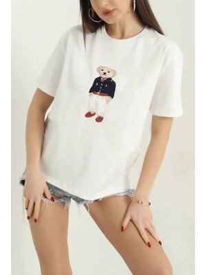 Polen Nakış Detaylı Ayıcık Figürlü Oversize Kadın Tişört