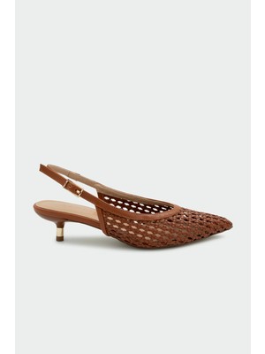Laminta Brayn Örgü Detaylı Taba Kadın Topuklu Ayakkabı