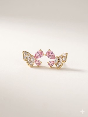 Marem Pembe Taşlı Kelebek Çelik Küpe