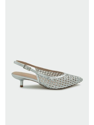 Laminta Brayn Örgü Detaylı Silver Kadın Topuklu Ayakkabı
