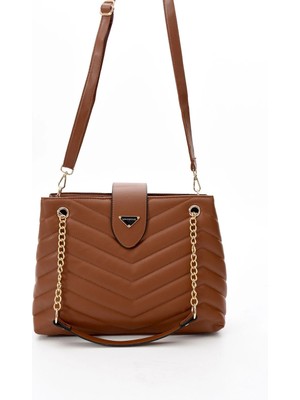 Sanmorris Kadın Suni Deri Kapitone Desenli 4 Bölmeli Zincir Aksesuarlı Taba Renkli El ve Omuz Çantası