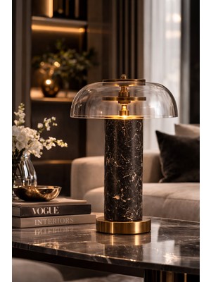 Vinner Aurelio Mermer Gövdeli Cam Abajur – Metal Detaylı Modern Salon Ofis Masa Lambası
