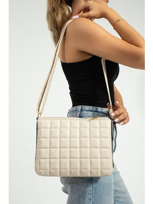 Sanmorris 1357 Sn Kadın Çapraz Askılı Kapitone Dikişli Koyu Bej Omuz Çantası