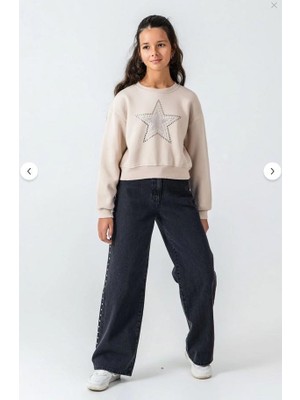 Dmb Yıldız Detaylı Kız Çocuk Geniş Paça Kot Pantolon Cepli  Jean 05792