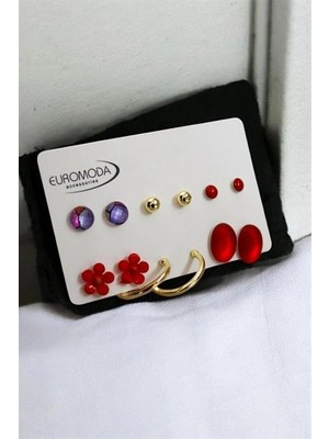 twingold Halka Papatya Rengarek Küpe Tasarımlı Top ve Tektaşlı 6lı Kırmızı Küpe Seti