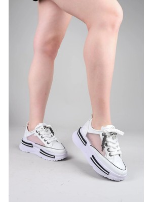 Birikon Felı Taş Aksesuarlı File Sneakers Beyaz