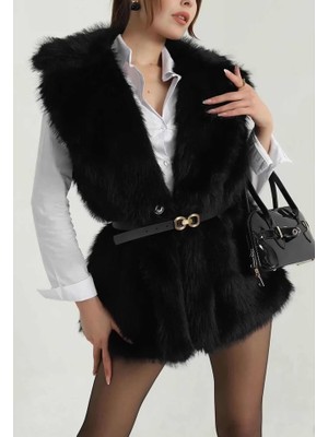 Enter 🖤🍷 Iki Renkli Kemerli Kürk Görünümlü Kadın Yelek (Siyah – Bordo)