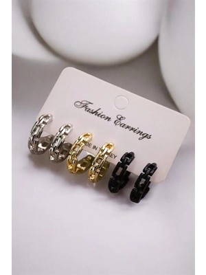 twingold Gold Gümüş ve Siyah Renkleri 3lü Halka Küpe Seti