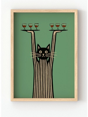 Viela Home Ahşap Çerçeveli Şarap Servisi Kedi Tablo – Yeşil Arka Plan Modern Sanat Poster