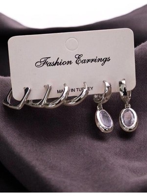 twingold Damlatasarımlı Beyaz Taşlı Sallantılı Küpe Halka Küpe 3lü Set