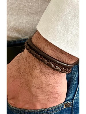 Gns Aksesuar Kalın Örgü Detaylı %100 Deri 2li Kahverengi  Erkek Bileklik Set 21 cm (Türk El Üretimi)