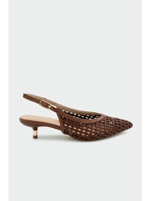 Laminta Brayn Örgü Detaylı Acı Kahverengi Kadın Topuklu Ayakkabı