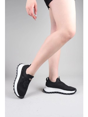 Birikon Camiri Taş Aksesuarlı Triko Bağcıksız Sneakers Siyah