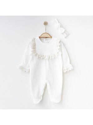 Waffle Kumaş Fistonlu 2'li Tulum Kız Bebek Yenidoğan Mevlüt Takımı Bandanalı Hastane Çıkışı