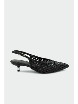 Laminta Brayn Örgü Detaylı Siyah Kadın Topuklu Ayakkabı