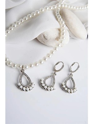 twingold Damla Tasarımlı Inci ve Zirkon Taşlı Kolye Küpe Takım