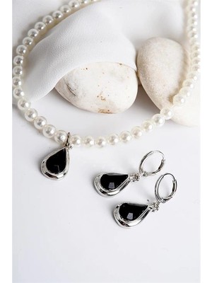 twingold Damla Tasarımlı Inci Taşlı Kolye Küpe Takım