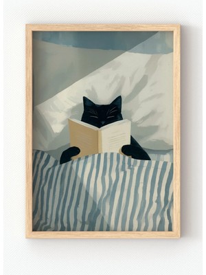 Viela Home Ahşap Çerçeveli Reading Cat Poster – Kitap Okuyan Siyah Kedi Duvar Tablosu 📖🐈‍⬛