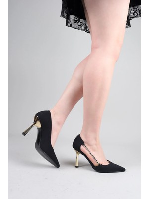 Birikon Sucre Yanı Sıra Taşlı Topuklu Ayakkabı Siyah