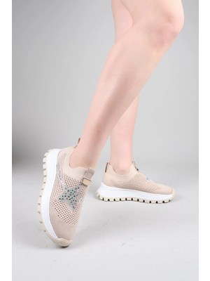 Birikon Camiri Taş Aksesuarlı Triko Bağcıksız Sneakers Ten