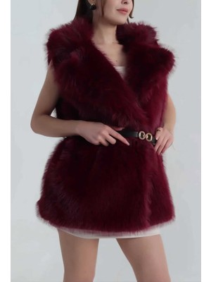 Enter 🖤🍷 Iki Renkli Kemerli Kürk Görünümlü Kadın Yelek (Siyah – Bordo)