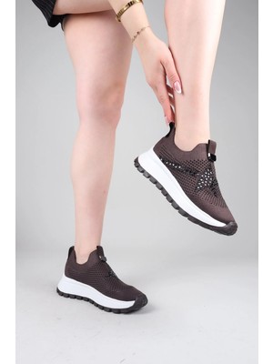 Birikon Camiri Taş Aksesuarlı Triko Bağcıksız Sneakers Kahverengi