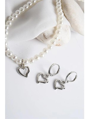 twingold Kalp Tasarımlı Inci Taşlı Kolye Küpe Takım