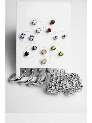 twingold Halka Tektaş ve Top Küpeli Zirkon Taşlı Gold ve Gümüş Kaplamalı 10LU Küpe Seti