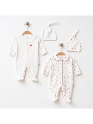 Kalp Desenli 2'li Kız Bebek Tulum Kendinden Eldiven ve Patikli %100 Pamuk
