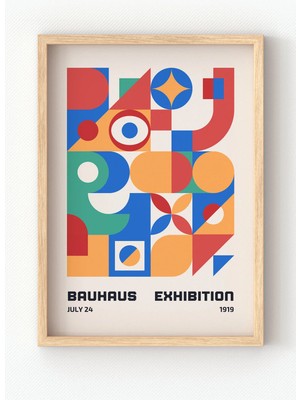 Viela Home Ahşap Çerçeveli Bauhaus Exhibition 1919 Poster – Renkli Geometrik Desenli Duvar Tablosu