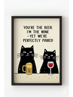 Viela Home Siyah Ahşap Çerçeveli Perfectly Paired Cats Poster – Şarap ve Bira Temalı Kedi Duvar Tablosu