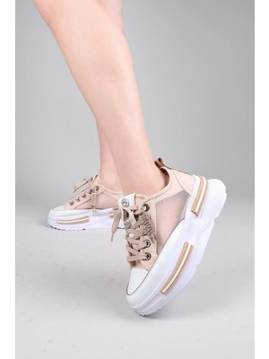 Birikon Felı Taş Aksesuarlı File Sneakers Bej