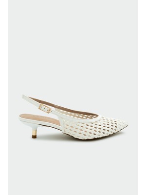 Laminta Brayn Örgü Detaylı Beyaz Kadın Topuklu Ayakkabı