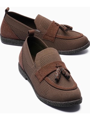 Mubiano Kadın Triko Loafer Süet Detaylı Püsküllü Hafif Rahat Günlük Ayakkabı Rivina Kahverengi