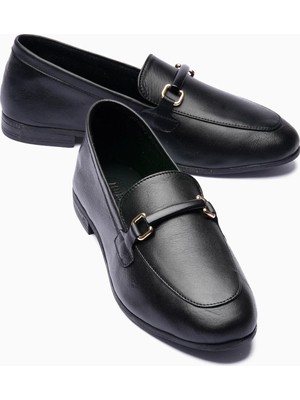 Mubiano Kadın Hakiki Deri Babet Metal Aksesuar Detaylı Loafer Nalora Siyah