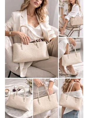 ZOE3tr Kadın Bej Örgü Dokulu Dar Uzun Yatay Omuz Çantası