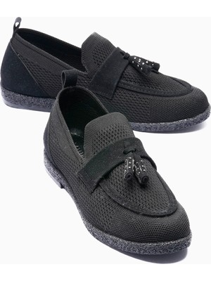 Mubiano Kadın Triko Loafer Süet Detaylı Püsküllü Hafif Rahat Günlük Ayakkabı Rivina Siyah