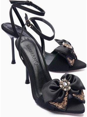 Mubiano Kadın Saten Topuklu Ayakkabı Bilekten Bantlı Fiyonk Detaylı Taşlı Şık Abiye Sandalet Rosina Siyah